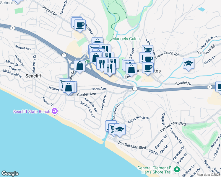 map of restaurants, bars, coffee shops, grocery stores, and more near 56 Seacliff Drive in Aptos