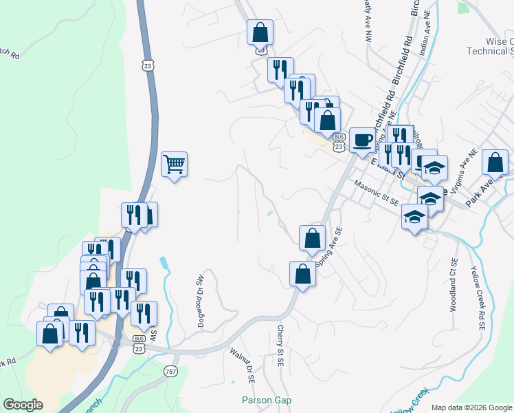 map of restaurants, bars, coffee shops, grocery stores, and more near Orchard Lane Southwest in Wise