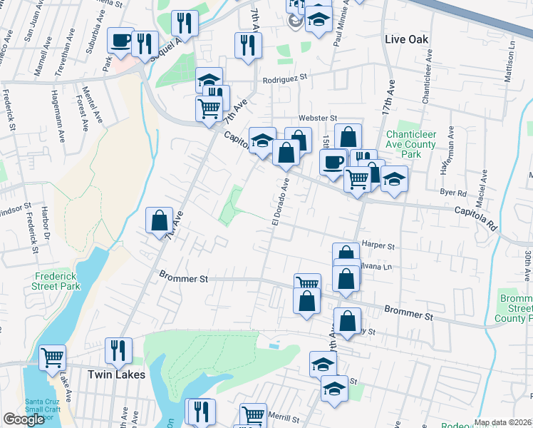map of restaurants, bars, coffee shops, grocery stores, and more near 1135 Harper Court in Santa Cruz