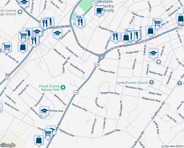 map of restaurants, bars, coffee shops, grocery stores, and more near 1936 Nashville Road in Bowling Green