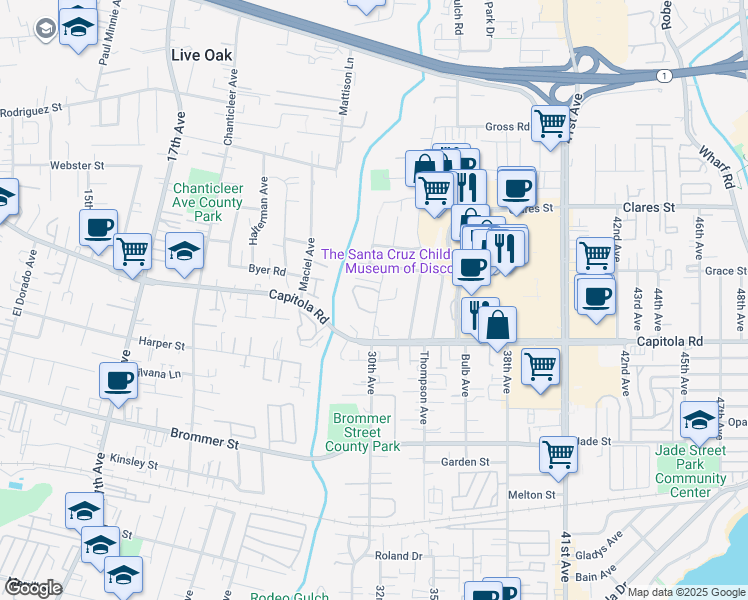 map of restaurants, bars, coffee shops, grocery stores, and more near 1757 30th Avenue in Santa Cruz