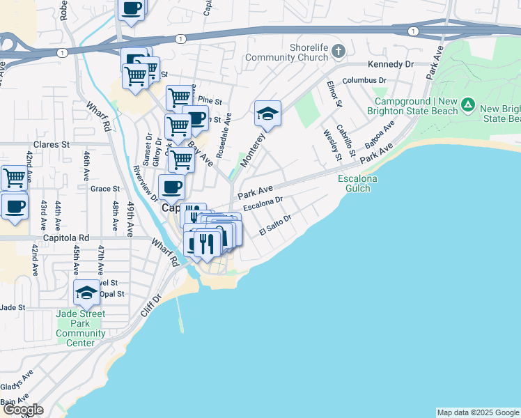 map of restaurants, bars, coffee shops, grocery stores, and more near 307 Escalona Drive in Capitola