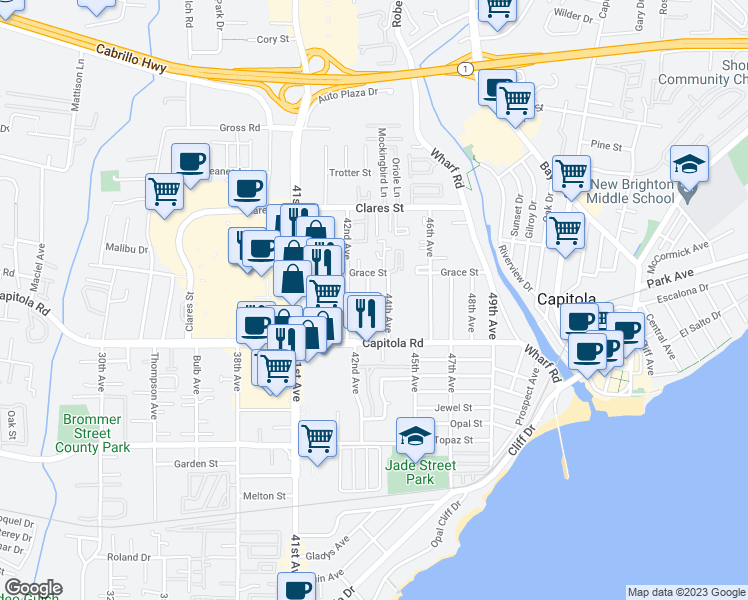 map of restaurants, bars, coffee shops, grocery stores, and more near 1814 43rd Avenue in Capitola