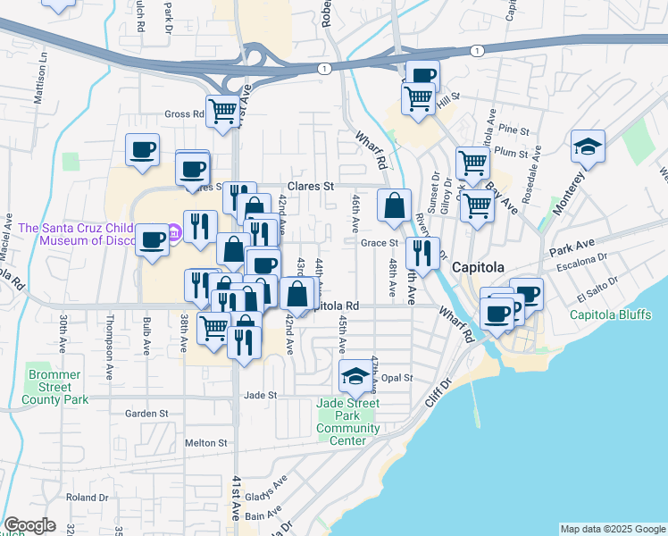 map of restaurants, bars, coffee shops, grocery stores, and more near 1750 44th Avenue in Capitola