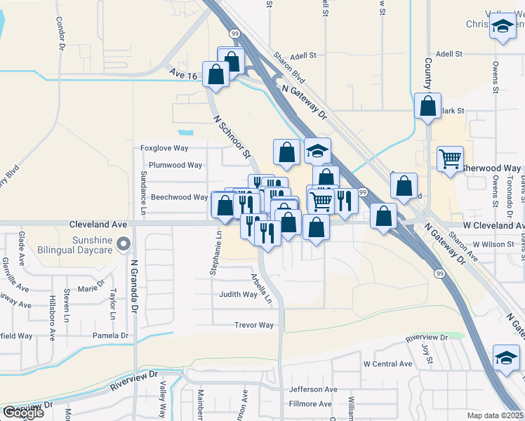 map of restaurants, bars, coffee shops, grocery stores, and more near 1663 North Schnoor Street in Madera