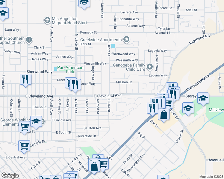 map of restaurants, bars, coffee shops, grocery stores, and more near 1205 East Cleveland Avenue in Madera