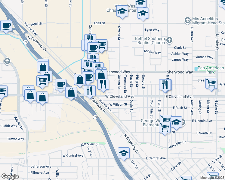 map of restaurants, bars, coffee shops, grocery stores, and more near 1108 Owens Street in Madera