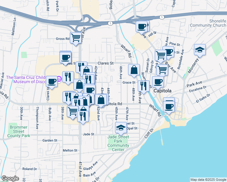 map of restaurants, bars, coffee shops, grocery stores, and more near 1750 44th Avenue in Capitola
