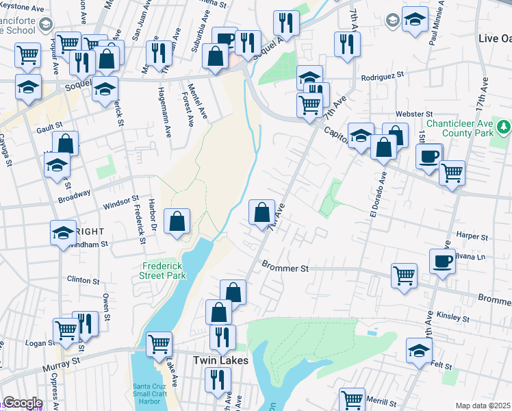 map of restaurants, bars, coffee shops, grocery stores, and more near 1171 7th Avenue in Santa Cruz