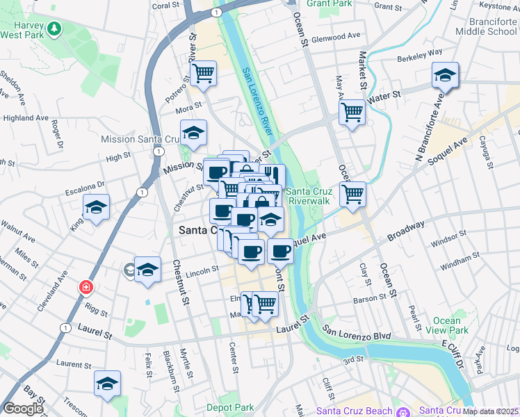 map of restaurants, bars, coffee shops, grocery stores, and more near 720 Front Street in Santa Cruz