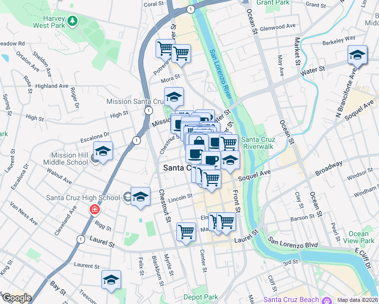 map of restaurants, bars, coffee shops, grocery stores, and more near 915 Cedar Street in Santa Cruz