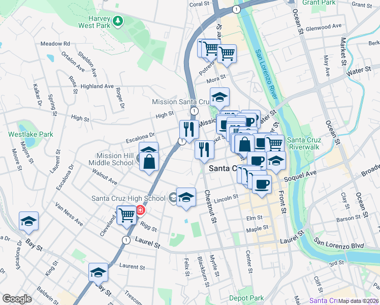 map of restaurants, bars, coffee shops, grocery stores, and more near 430 Locust Street in Santa Cruz