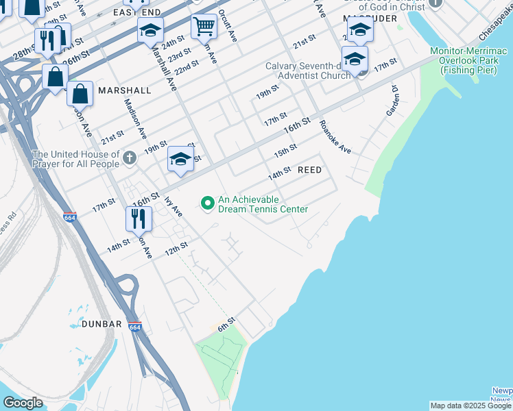 map of restaurants, bars, coffee shops, grocery stores, and more near 835 12th Street in Newport News
