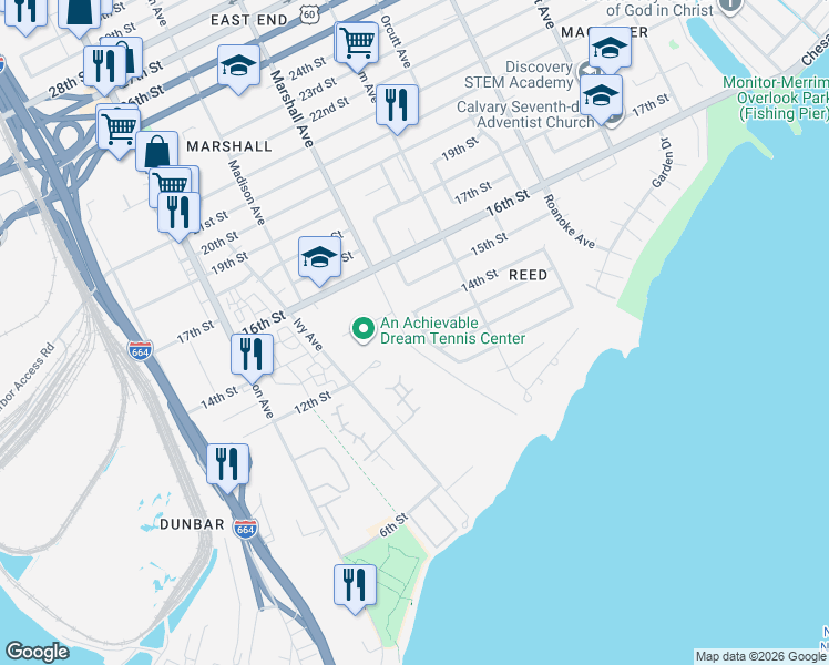 map of restaurants, bars, coffee shops, grocery stores, and more near 1133 Marshall Place in Newport News
