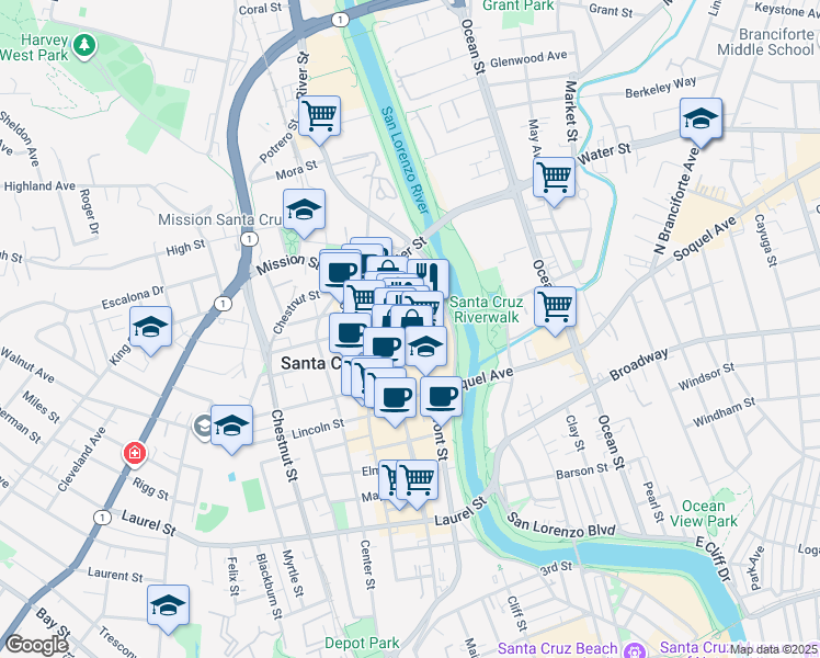 map of restaurants, bars, coffee shops, grocery stores, and more near Front Street & Cooper Street in Santa Cruz