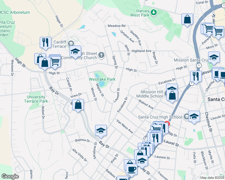 map of restaurants, bars, coffee shops, grocery stores, and more near 135 Spring Street in Santa Cruz