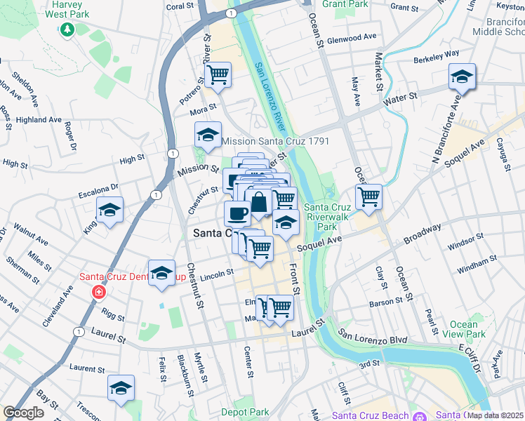 map of restaurants, bars, coffee shops, grocery stores, and more near 1407 Pacific Avenue in Santa Cruz
