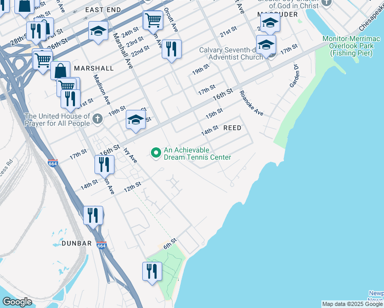 map of restaurants, bars, coffee shops, grocery stores, and more near 835 12th Street in Newport News