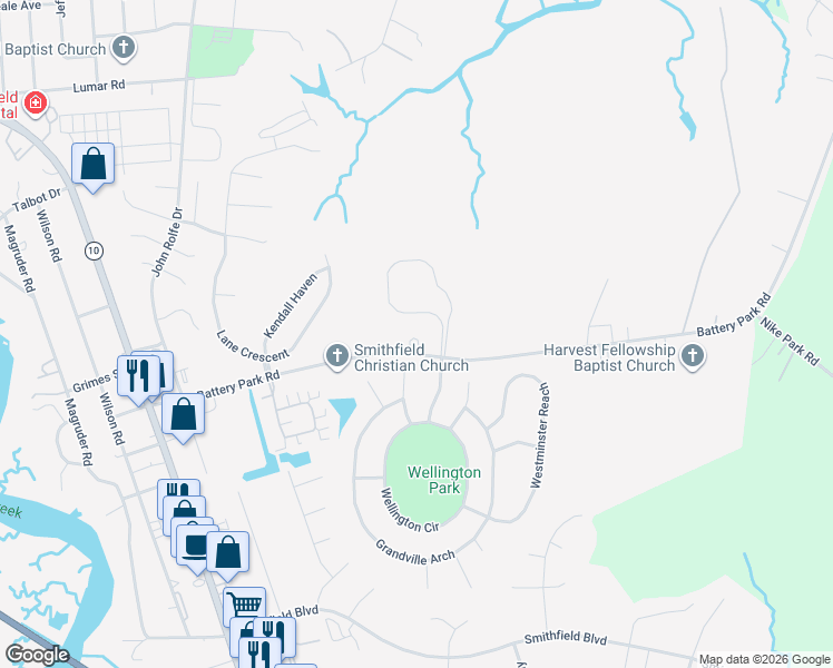 map of restaurants, bars, coffee shops, grocery stores, and more near 18501 Battery Park Road in Smithfield