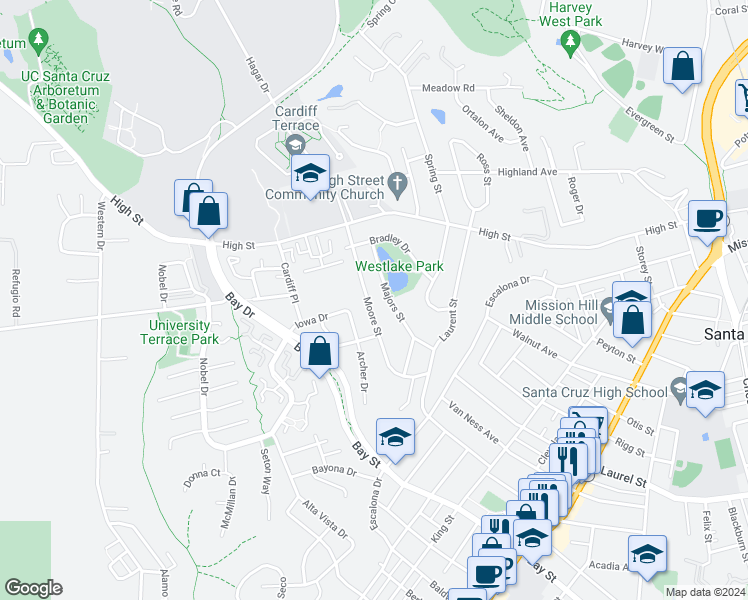 map of restaurants, bars, coffee shops, grocery stores, and more near 304 Moore Street in Santa Cruz