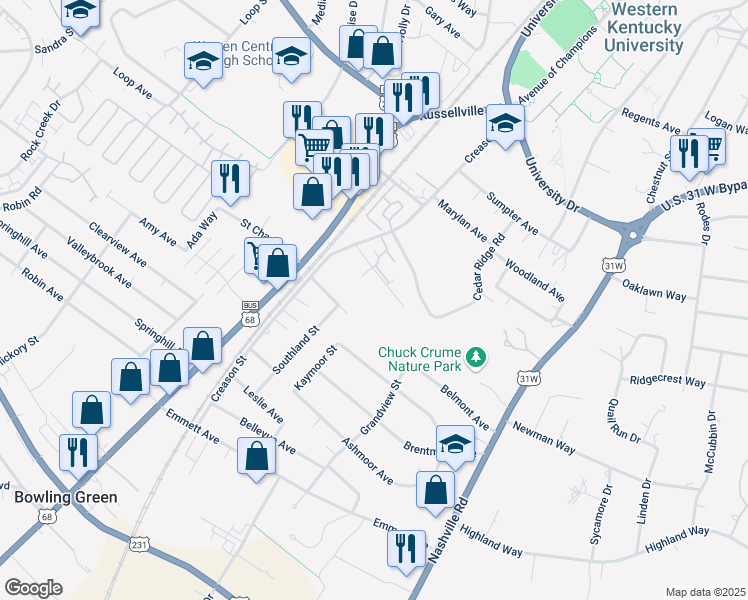 map of restaurants, bars, coffee shops, grocery stores, and more near 403 Topmiller Avenue in Bowling Green
