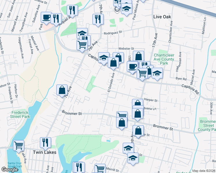 map of restaurants, bars, coffee shops, grocery stores, and more near 1135 Harper Court in Santa Cruz