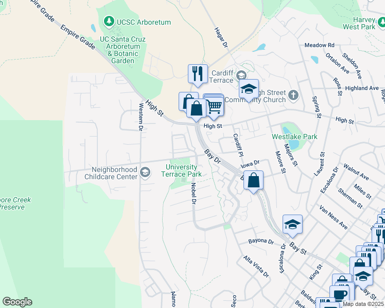 map of restaurants, bars, coffee shops, grocery stores, and more near 332 Meder Street in Santa Cruz