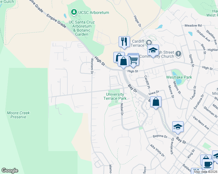 map of restaurants, bars, coffee shops, grocery stores, and more near 1055 Nobel Drive in Santa Cruz