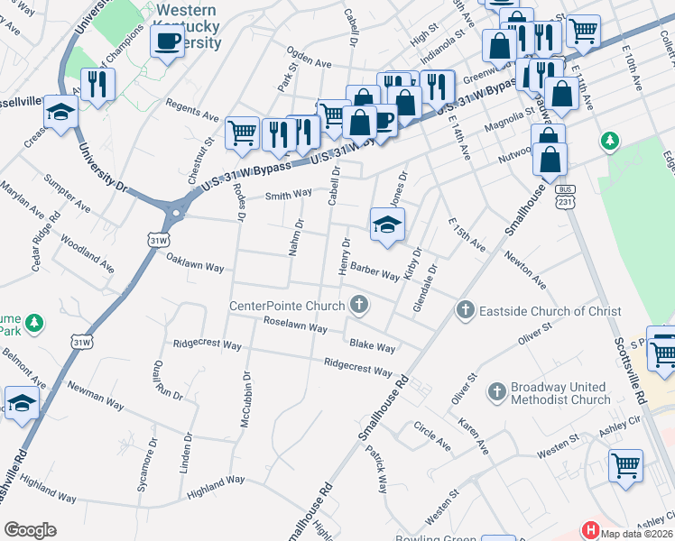 map of restaurants, bars, coffee shops, grocery stores, and more near 1301 Henry Drive in Bowling Green