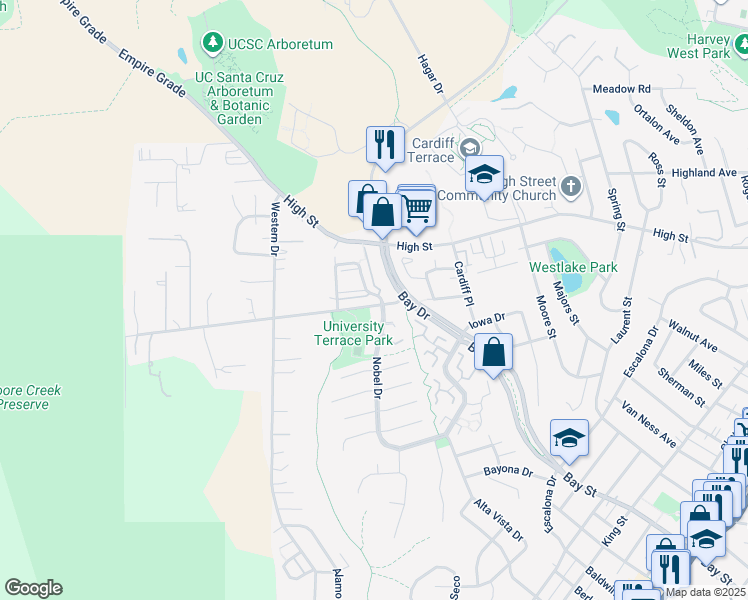 map of restaurants, bars, coffee shops, grocery stores, and more near 332 Meder Street in Santa Cruz