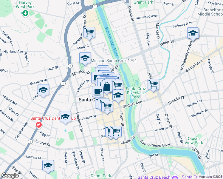 map of restaurants, bars, coffee shops, grocery stores, and more near 1407 Pacific Avenue in Santa Cruz