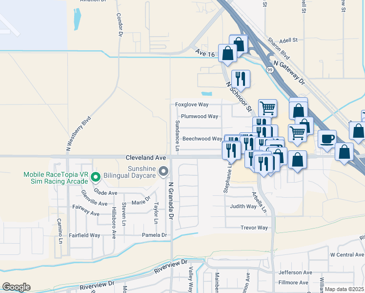 map of restaurants, bars, coffee shops, grocery stores, and more near 2536 Meadowrest Way in Madera