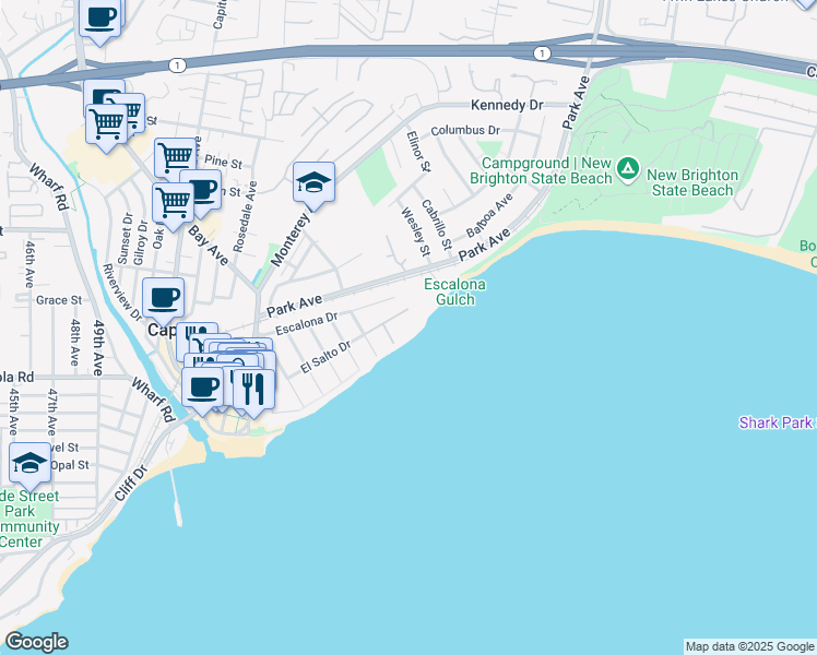 map of restaurants, bars, coffee shops, grocery stores, and more near 723 El Salto Drive in Capitola