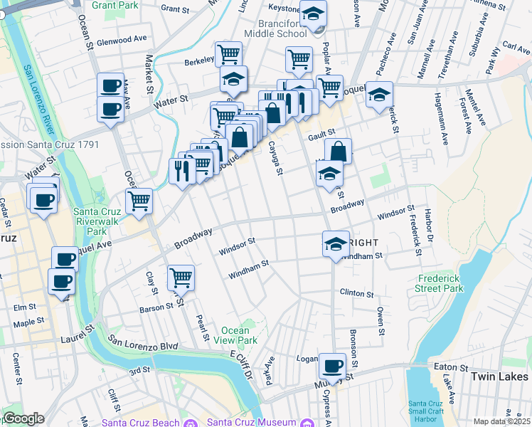 map of restaurants, bars, coffee shops, grocery stores, and more near 1106 Broadway in Santa Cruz