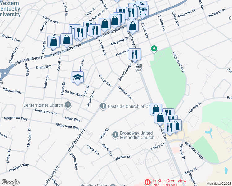 map of restaurants, bars, coffee shops, grocery stores, and more near 1413 Newton Avenue in Bowling Green