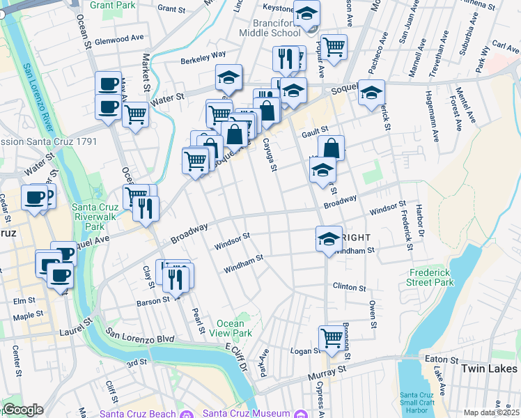 map of restaurants, bars, coffee shops, grocery stores, and more near 1106 Broadway in Santa Cruz