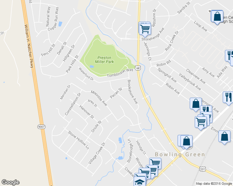 map of restaurants, bars, coffee shops, grocery stores, and more near 298 Whispering Hills Boulevard in Bowling Green