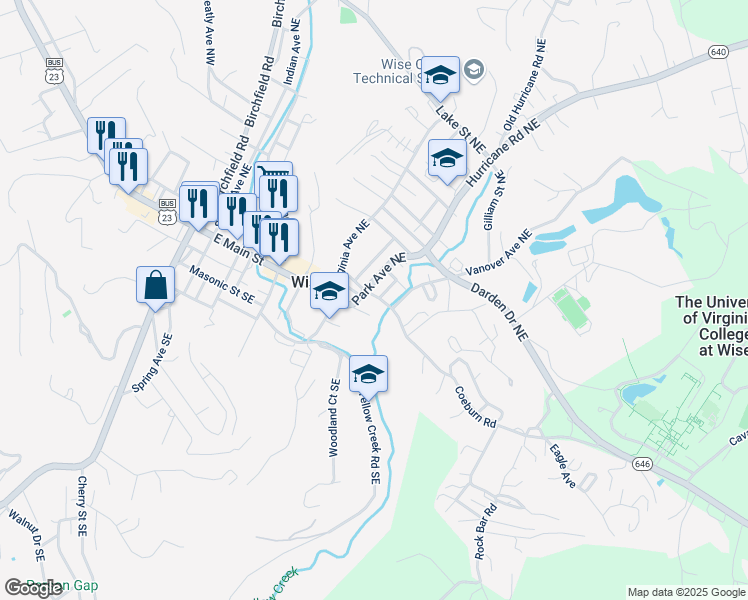 map of restaurants, bars, coffee shops, grocery stores, and more near 701-707 East Main Street in Wise