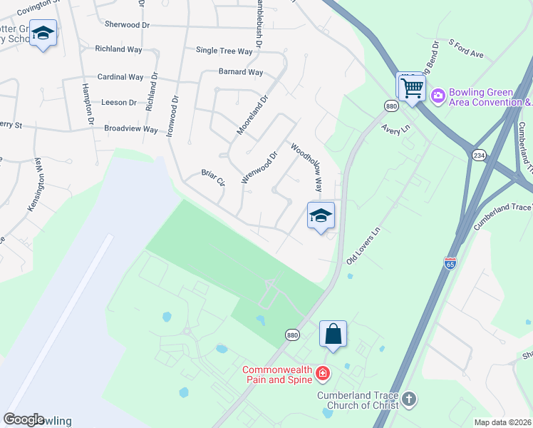 map of restaurants, bars, coffee shops, grocery stores, and more near 1086 Parkwood Court in Bowling Green