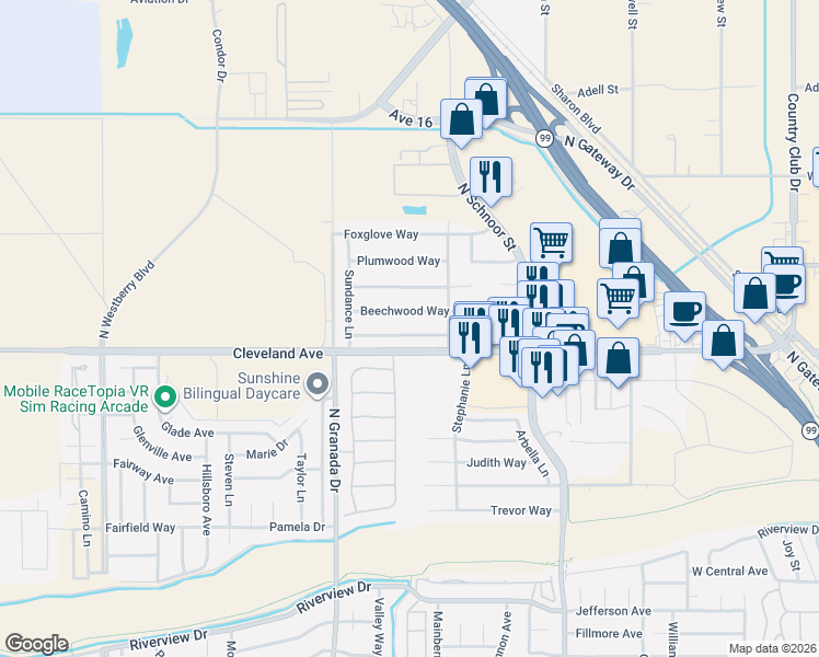 map of restaurants, bars, coffee shops, grocery stores, and more near 2465 Meadowrest Way in Madera