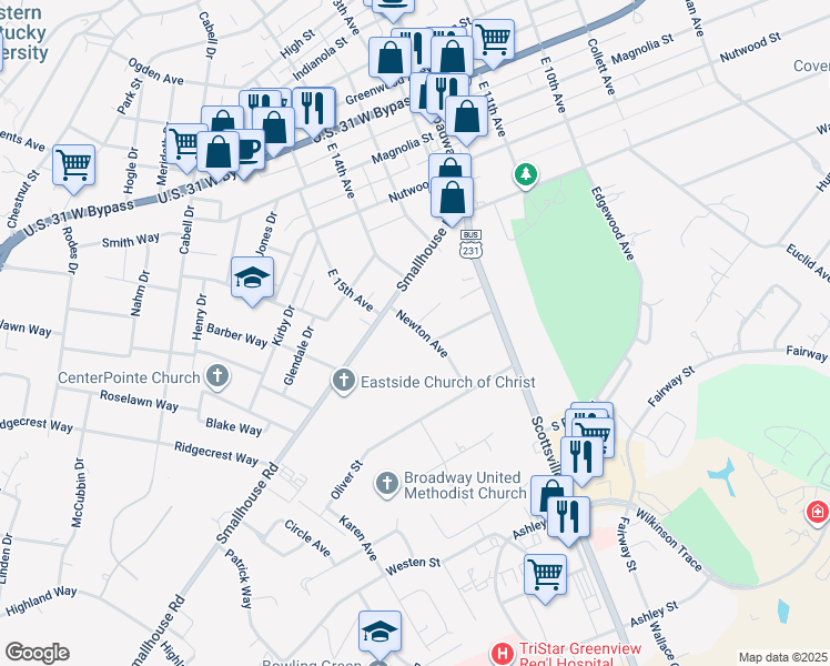 map of restaurants, bars, coffee shops, grocery stores, and more near 1413 Newton Avenue in Bowling Green