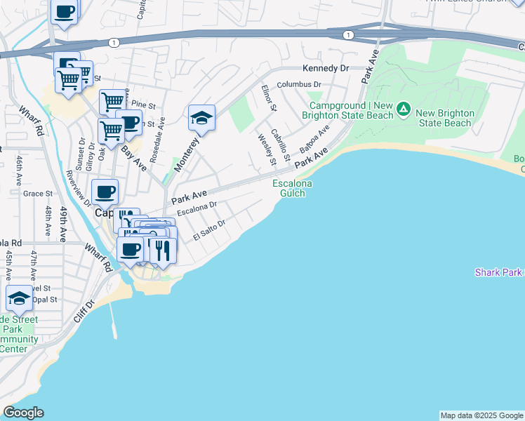 map of restaurants, bars, coffee shops, grocery stores, and more near 723 El Salto Drive in Capitola