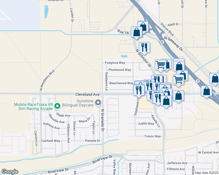 map of restaurants, bars, coffee shops, grocery stores, and more near 2536 Meadowrest Way in Madera
