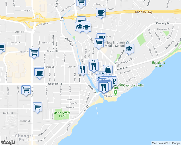map of restaurants, bars, coffee shops, grocery stores, and more near 537 Riverview Avenue in Capitola