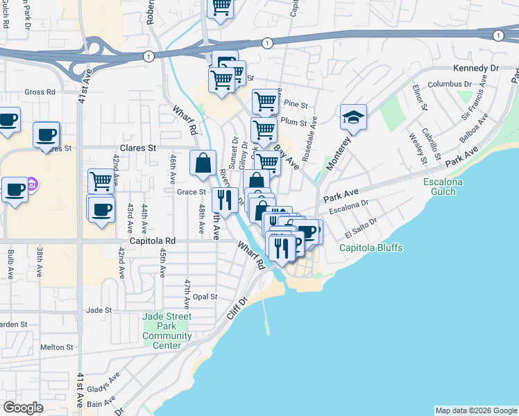 map of restaurants, bars, coffee shops, grocery stores, and more near in Capitola