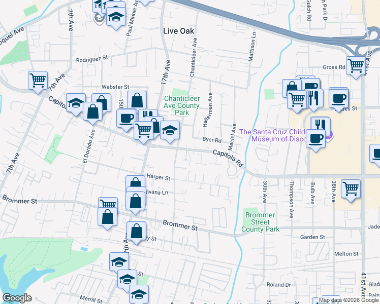 map of restaurants, bars, coffee shops, grocery stores, and more near 2256 Capitola Road in Santa Cruz