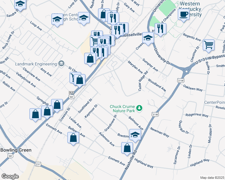 map of restaurants, bars, coffee shops, grocery stores, and more near 419 Topmiller Avenue in Bowling Green
