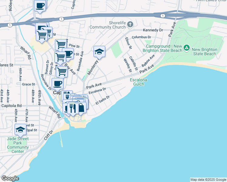 map of restaurants, bars, coffee shops, grocery stores, and more near 602 El Salto Drive in Capitola