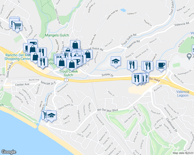 map of restaurants, bars, coffee shops, grocery stores, and more near 9010 Soquel Drive in Aptos