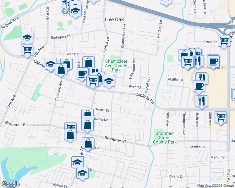 map of restaurants, bars, coffee shops, grocery stores, and more near 2244 Capitola Road in Santa Cruz